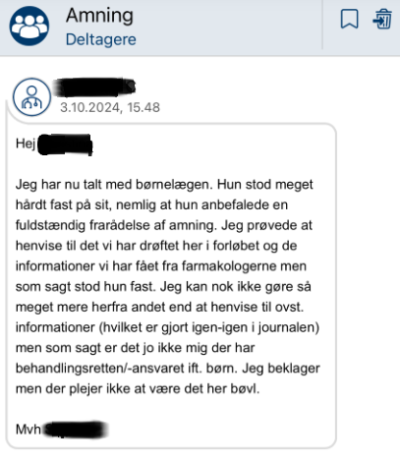 Besked fra psykiater, anonymiseret