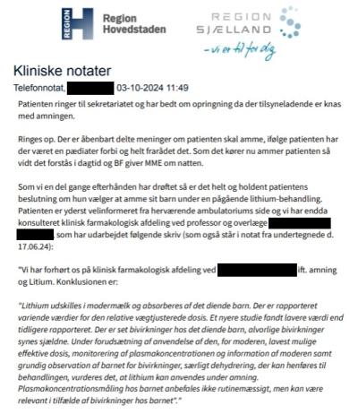 Notat fra psykiater efter fødsel om opringning og med henvisning til farmakologs udtalelse