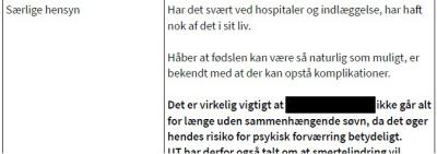 Kristine, notat op til fødsel, til artiklen 'Kristine blev forskelsbehandlet på grund af sin psykiske lidelse'