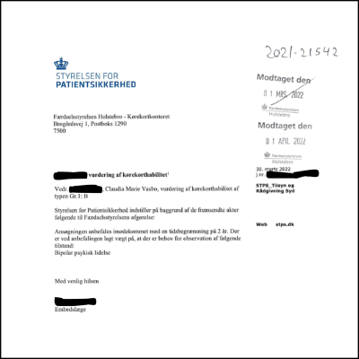 Claudia, brev fra Styrelsen For Patientsikkerhed