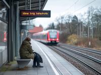 Kvinde, bænk, perron, tog, skilt 'klima, krig, katastrofe'