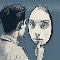 Ansigt i spejl, intenst blik, kultegning med blå baggrund, lavet af MidJourney