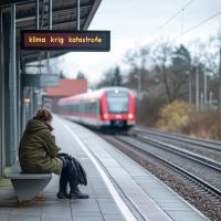 Kvinde, bænk, perron, tog, skilt 'klima, krig, katastrofe'