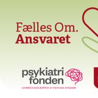 Logo: Fælles om ansvaret. Samarbejde mellem Psykiatrifonden og Middelfart Sparekasse