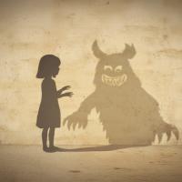 MidJourney, barn, skygge, monster, til artiklen 'Hvordan lærer børn at fortælle om angst'