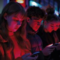 Unge med mobiltelefoner, rødt skær